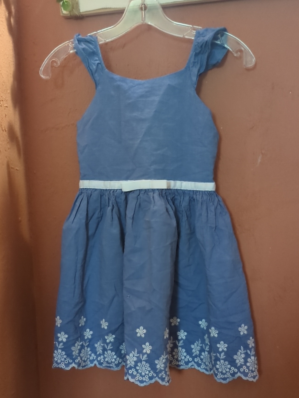 Zunie Blue Girls' Dress with White Waist Band and Embroidered Hem